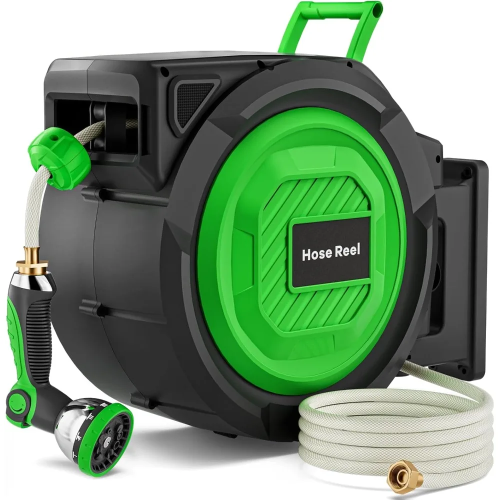 

Выдвижная катушка для садового шланга, сверхпрочная настенная катушка для шланга длиной 5/8 x 100 футов с 180 шт. ° Поворотный кронштейн, насадка с 10 узорами, автомобиль