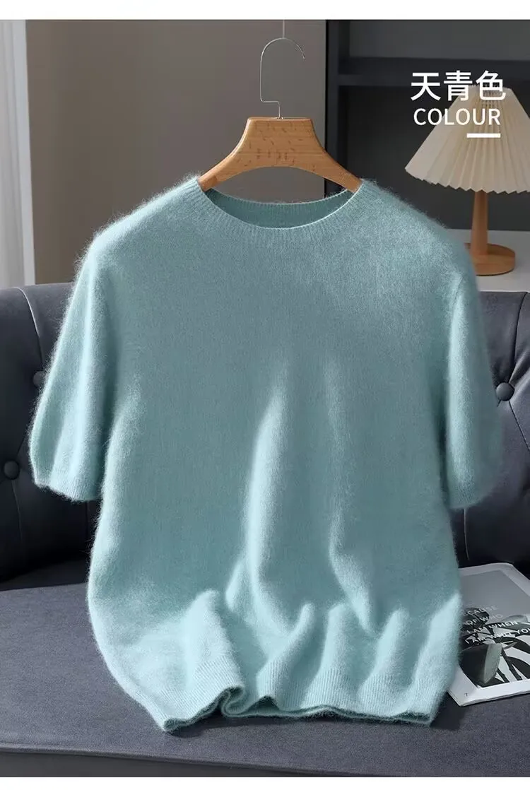 Herrenpullover, kurzärmelig, Sommer-Nerzstrickpullover, lockerer Rundhalsausschnitt, einfarbig, halbe Ärmel, einfaches T-Shirt, lässiges Oberteil – Detail 12