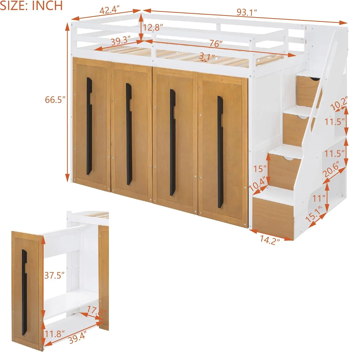 Twin Size Loft Bed, Modern Twin Loft Bed With Two-Tone Storage Stairs And Pull-Out Wardrobes, White+Natural