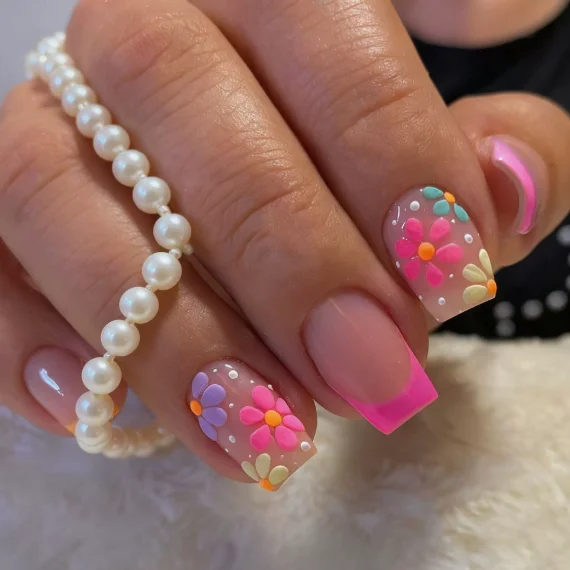 

24Pcs Short Square Press On Nails, Bright Pink & Orange French Tips with Colorful 3D Flower Fake Nails for Spring