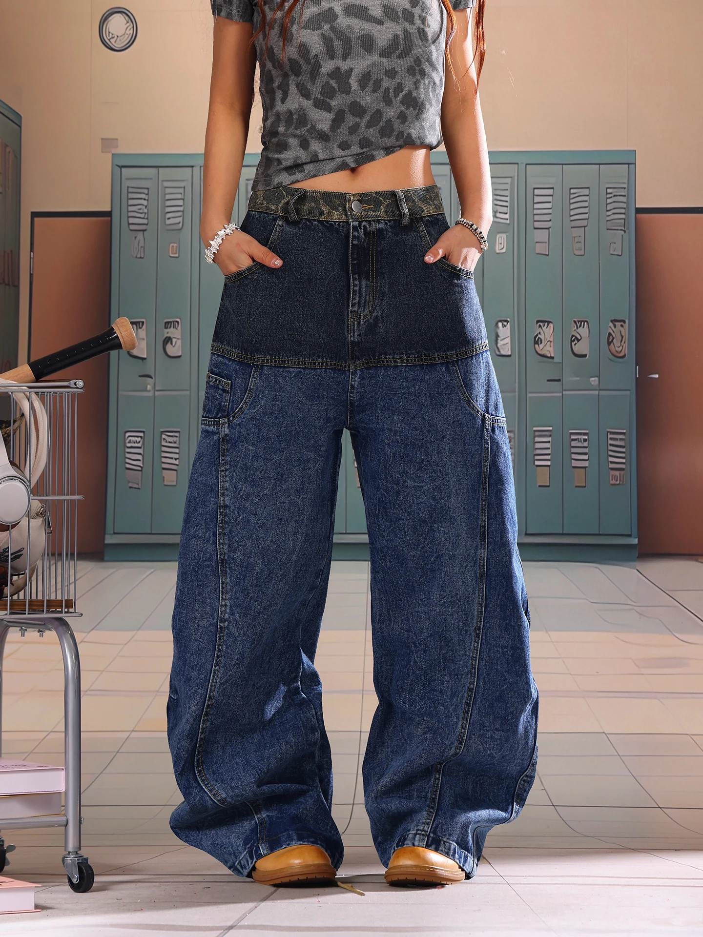 

Light Blue American Splicing Leopard Print Wide Leg Jeans Women's Loose Fit Spring Early Denim Pants Casual Straight Jeans