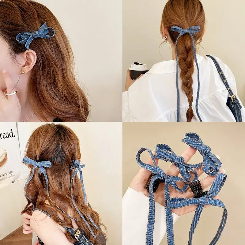 2/4/6PCS Blue Denim, Schleife, Mode, Pferdeschwanz, Band, Entenschnabel-Clip, Kopfschmuck, Pony Shattered Hair Side Clip, Haarkarten – Detail 1