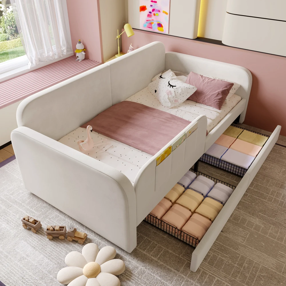 PINGGO Kinder Gepolstertes Tagesbett Sofabett Metallrahmen Aufbewahrungstaschen Rollende Schubladen Samt MDF Sperrholz 90x200cm Ohne Matratze