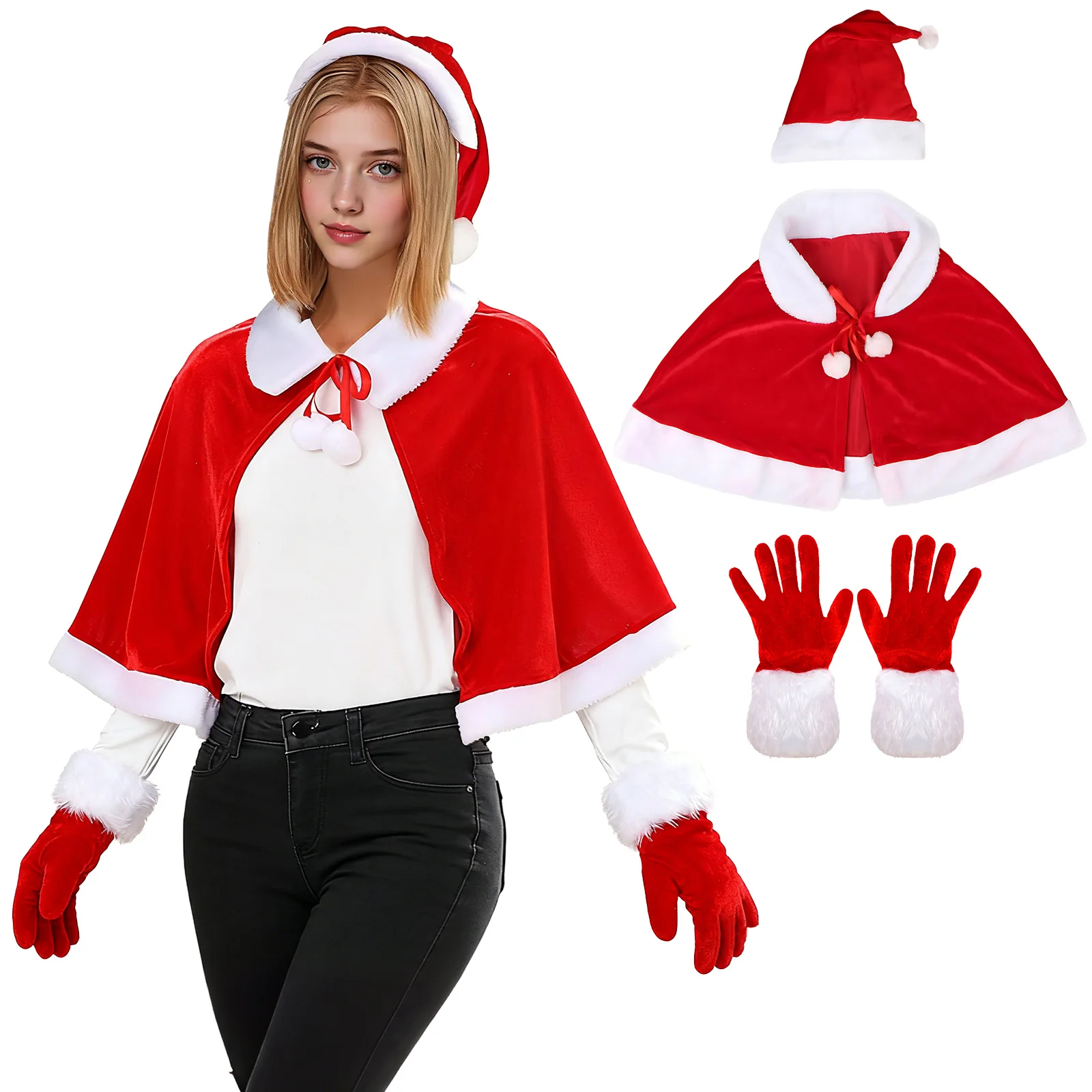 

Christmas Cape Mrs Santa Claus Cloak Red Short Cap Glove Shawl Xmas Costume Accessory Women Cosplay Dress Up Outfit