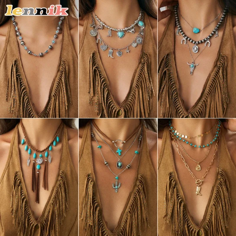 قلادة الفيروز، لوحة الأزهار الأوروبية الرجعية وقلادة رأس الثور، Ins البوهيمي الحب حبة المختنق، وصول عرقية فريدة من نوعها