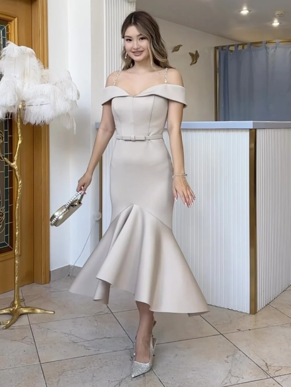 Sparkle Jersey Bow Pleat Ruffle Sash Trumpet Off-the-shoulder Midi Dresses Homecoming Dresses High Quality Exquisite Classic