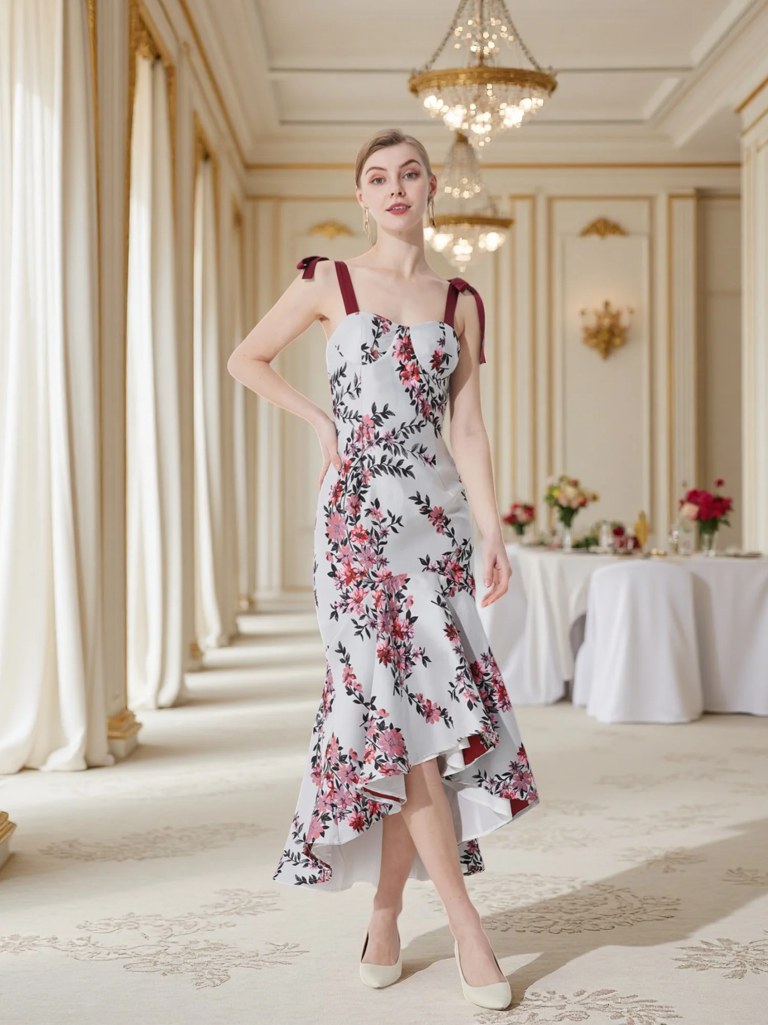 

Vintage Floral Print Slip Dress Burgundy Bow Straps Asymmetrical Fishtail Hem Bodycon Evening Gown