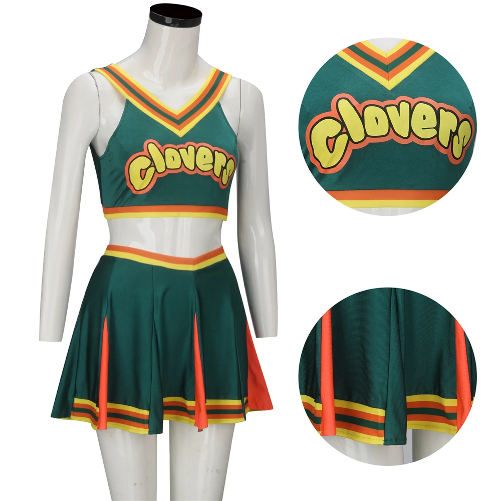 Trevos verdes escuros impressos uniforme de cheerleader para meninas, traga roupas de cheerleading, vestido de bola extravagante, regata, mini saia