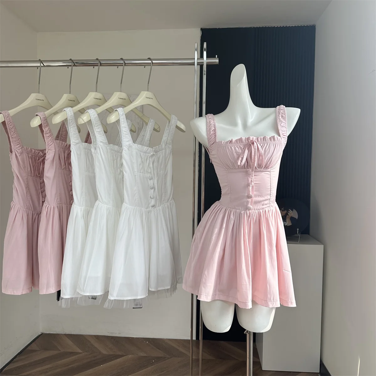 Women Pink A-line Dress Vintage Evening Elegant Square Collar Off Shoulder Dress Y2k One Piece Frocks 2000s Clothes Summer 2024