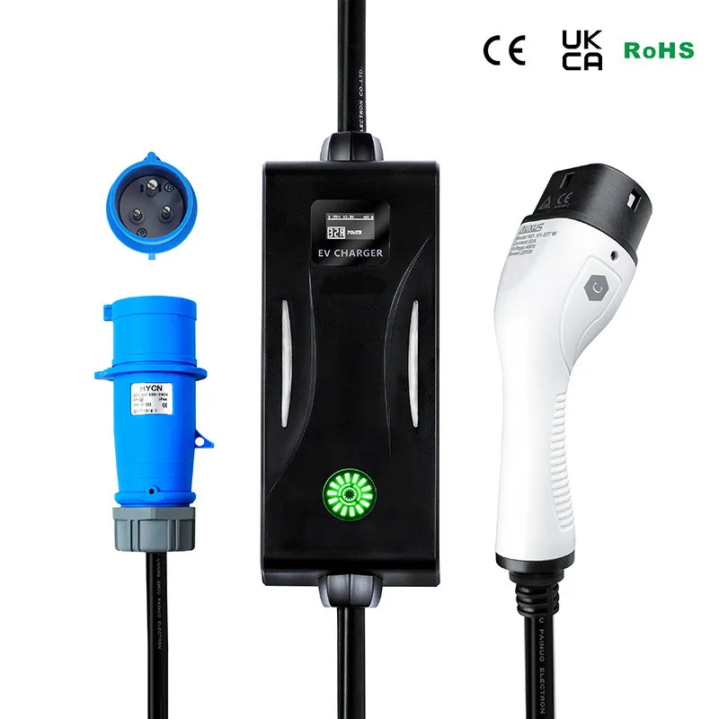 Portable EVSE Type 2 EV Charger Adjustable Current 16A to 32A IEC62196-2 Electric Vehicle Charging Wallbox Blue CEE Plug