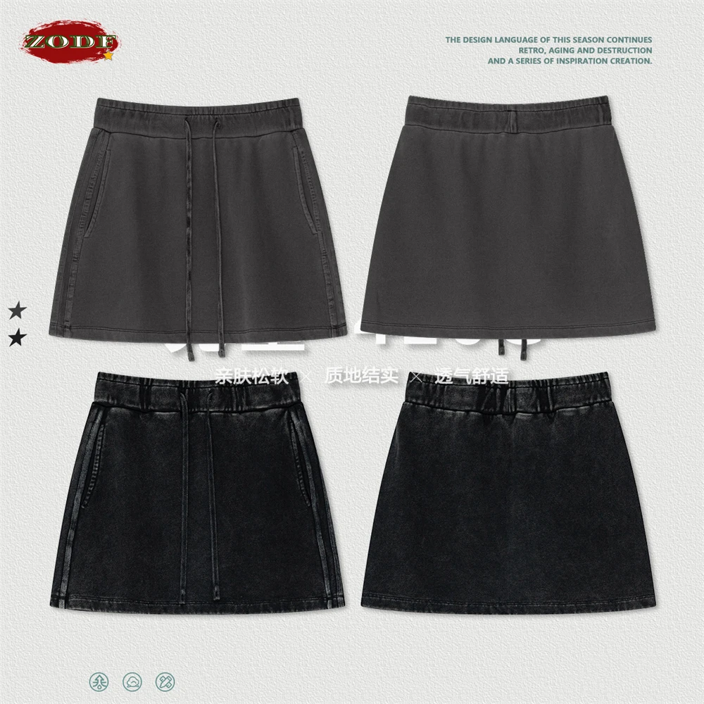 ZODF Sexy Spring Summer 420gsm Mini Skirt Female Girls Retro Straight Loose Slit A Line Washed 100% Cotton Skirts HY0999