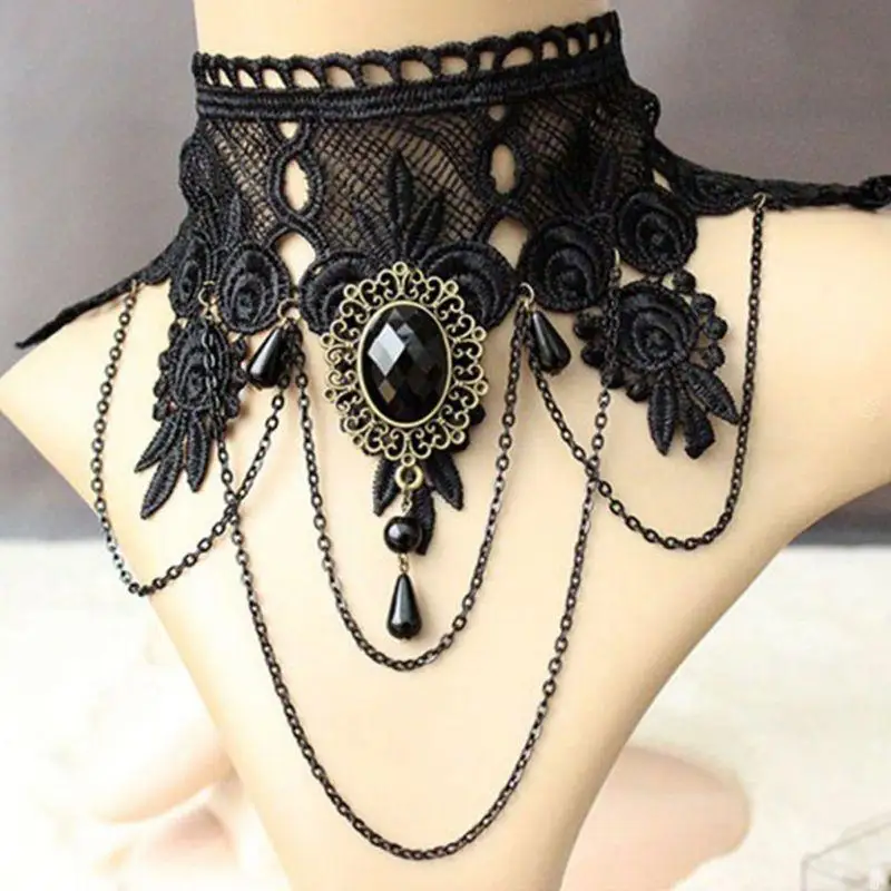 2025 New Gothic Crystal Black Lace Neck Choker Hip Hop Collar Necklace Clavicle Chain