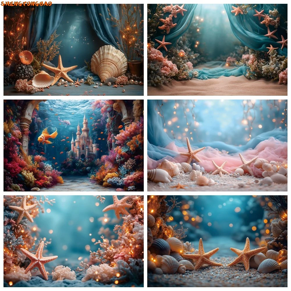 Blue Underwater World Scene Backdrop Starfish Coral Seaweed Baby Shower Birthday Party Kid Portrait Photography Background Decor