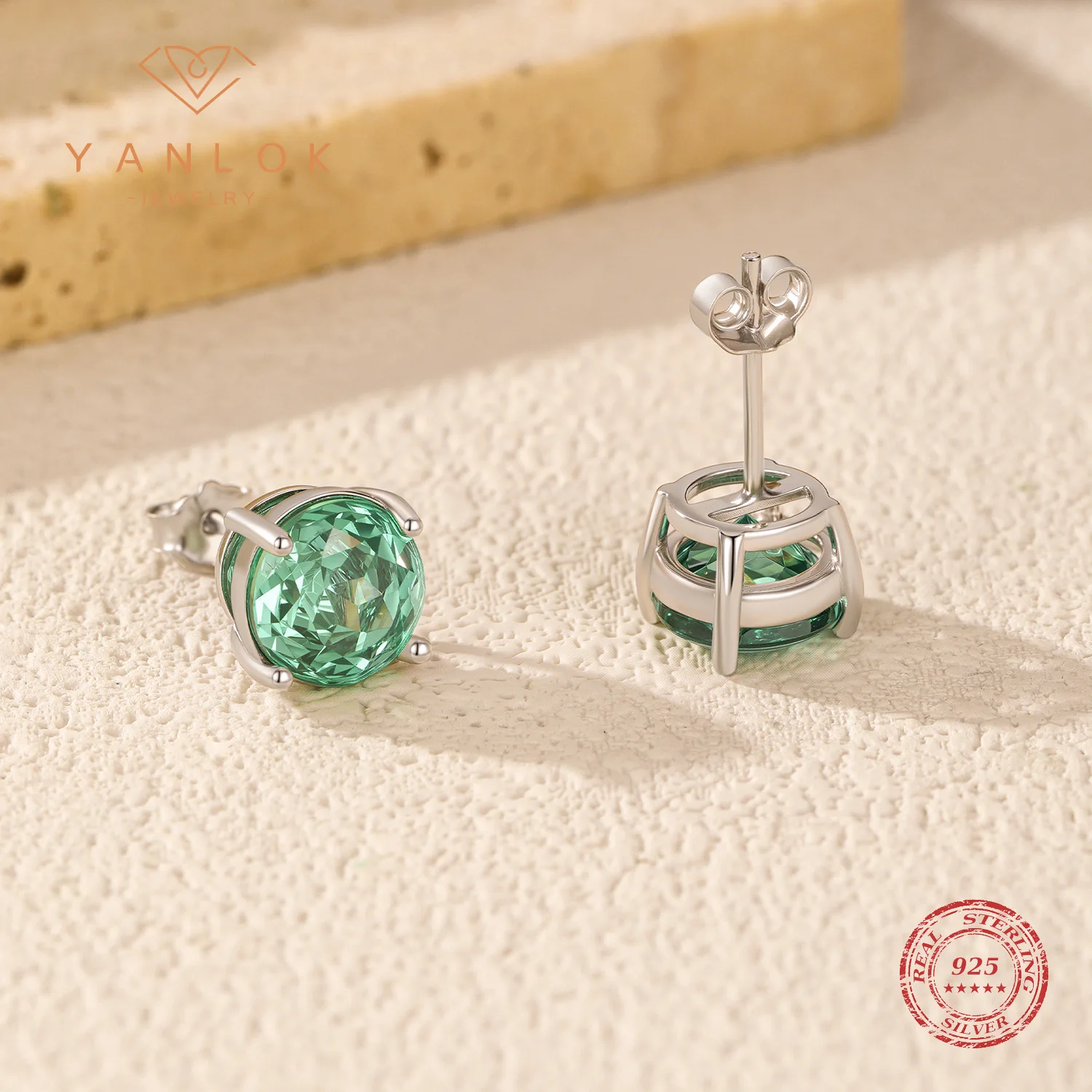 

YANLOK 925 Sterling Silver High-end Elegant Paraiba Color Rose Cut Round CZ Stud Earrings For Women Fine Jewelry