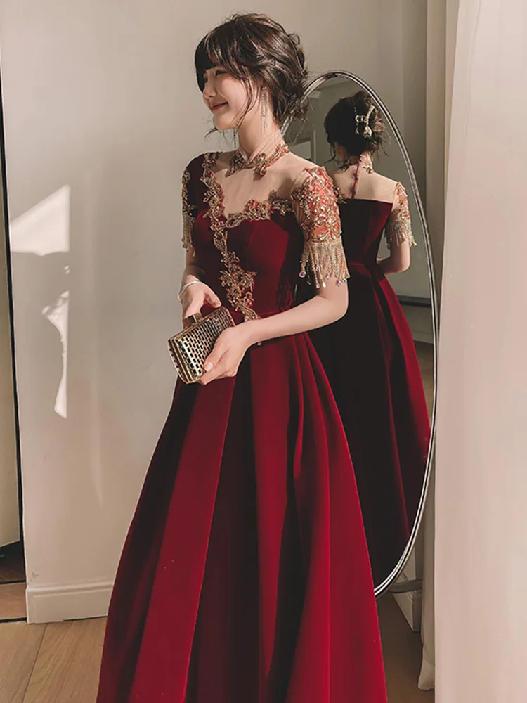 

Red Wine Color Velvet Wedding Dr Vintage Sle Chinese Sle Long Skirt Faionable mid Waist Zipper Bal A-Line Skirt