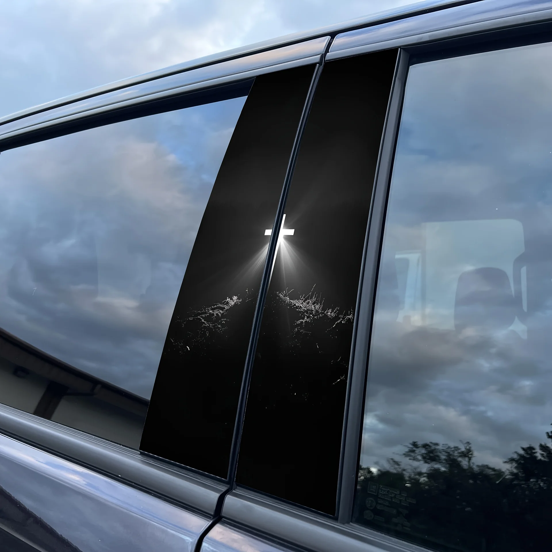 2Pcs Holy‑Light Cross Car B‑Pillar Decor Stickers Single Size 25x50cm Dark Background With Glowing Cross Pattern