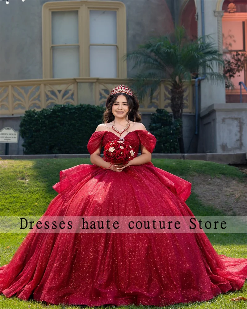 Vestido quinceanera de tule vermelho com ombro de fora, vestido de baile com babados e laço, vestido de festa de aniversário mexicano, doce 16, personalizado