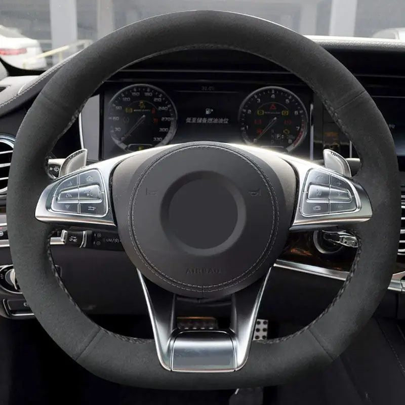 Black Car Steering Wheel Suede Leather Cover For Mercedes Benz (D shape) A Class AMG A45 C 43 63 2015-2018 S Class S500 2016