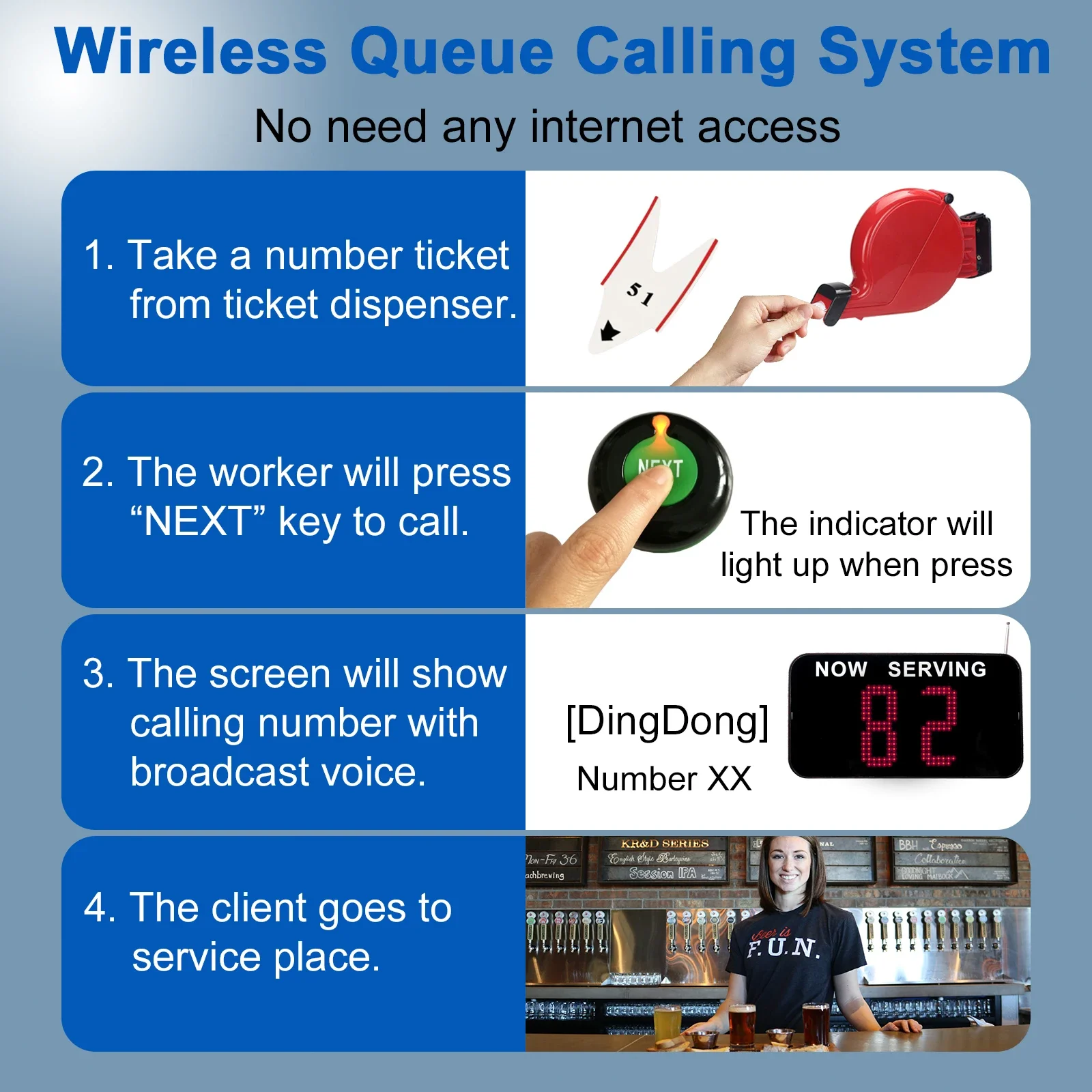 KOQI Wireless Queue Call Management System 2-Digit Token Display with Control Button Restaurant Customer Waiting System