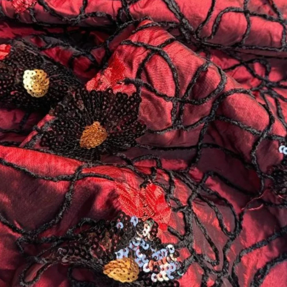 

Embroidered Sequin Fabric Dark Red Fashion Show Wedding Dress Stage Clothing Cloth Fabrics for Diy Sewing Material