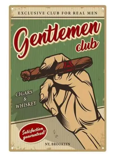 CIGAR GENTLEMAEN CLUB METAL TIN SIGN CIGAR WHISKEY NY, BROOKLYN MAN CAVE ART