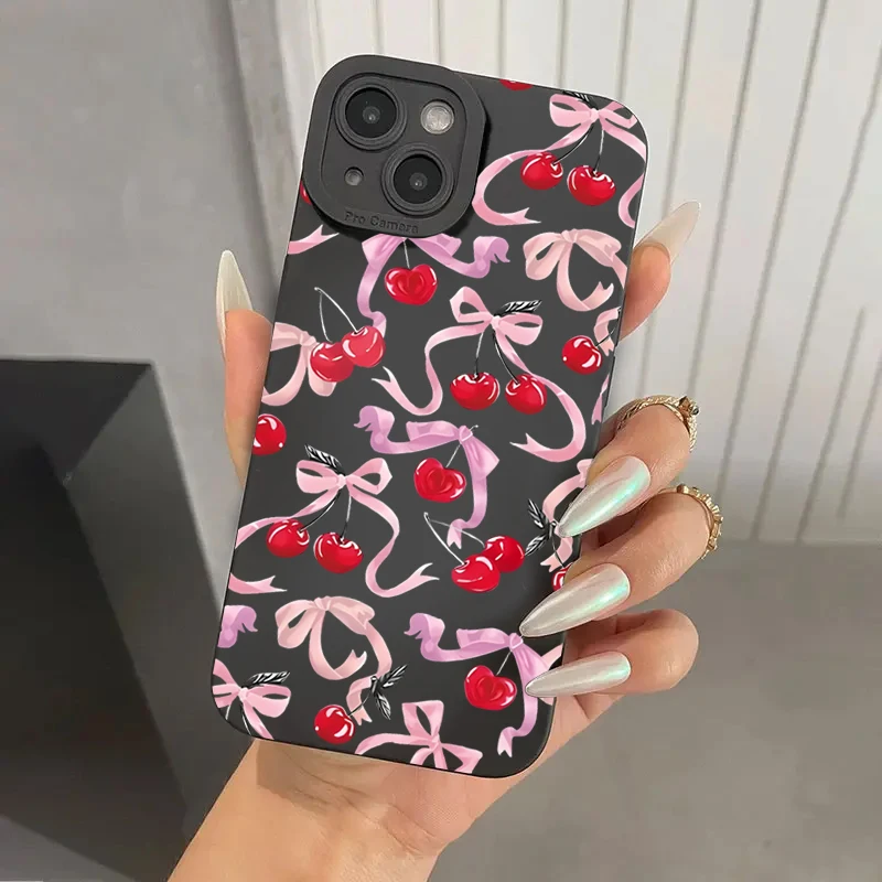 Cute Cherry Bow Silicone Phone Case For iPhone 15 16 Pro 14 Plus 13 Pro Max 12 11 X XS XR 7 8 Plus SE 2020 Shockproof Soft Cover