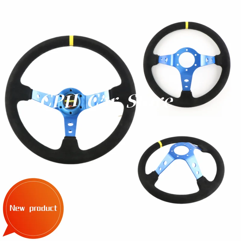 

14Inch Racing Sports Steering Wheel MO Deep Corn Drifting Black Suede Leather 350mm Steering Wheel With Horn Button 6-Hole 70mm