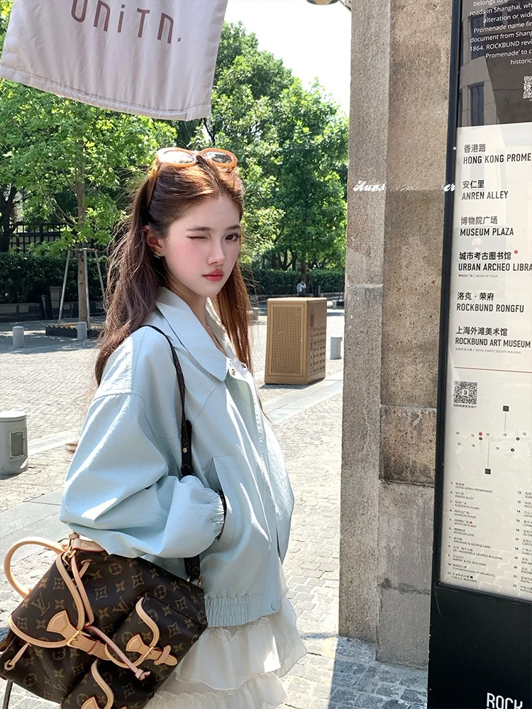 

Женская осенняя укороченная куртка-жакет Acaine Blue Square Sugar Long Sleeve Simple Turn Collar, маленький размер, корейский стиль, Batwing-крой