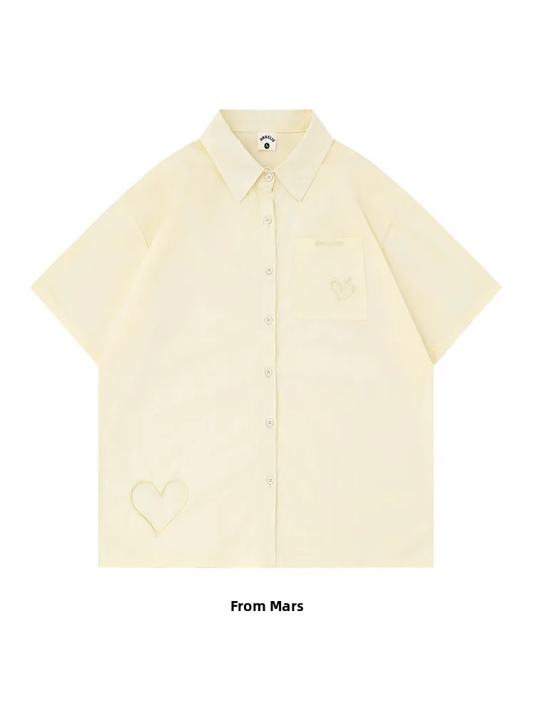 

Loose Fit ort Sve irt from Expr Love Japanese College Sle Button up Student Couple Embroidery Youth Faion