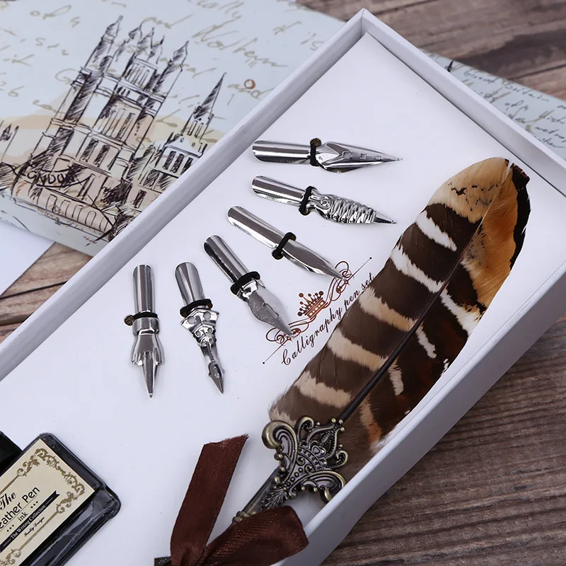 Retro Feather Dip Pen Writing Ink Set Exquisite Stationery with Stamp for Art Crafts DIY Student Gifts