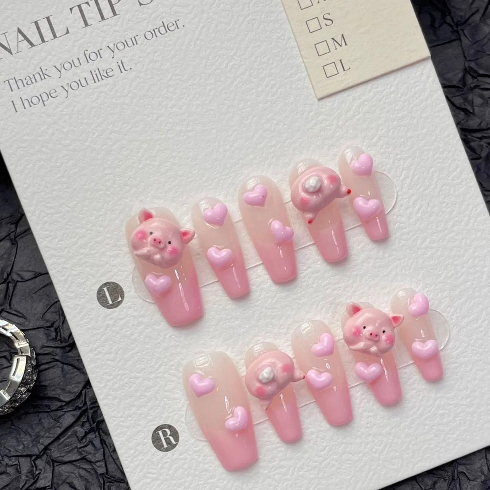 3D Cute Pig Press On Nails Handmade Pink French Tips False Nails Full Cover Ballerina Wearable Sweet Fake Nail Manicure Art