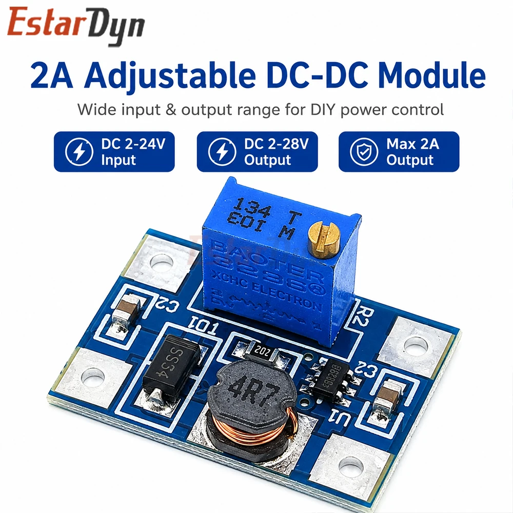 Estardyn SX1308 DC-DC 2-24V to 2-28V Step Up Adjustable Power Module Step Up Boost Converter Large Current 2A