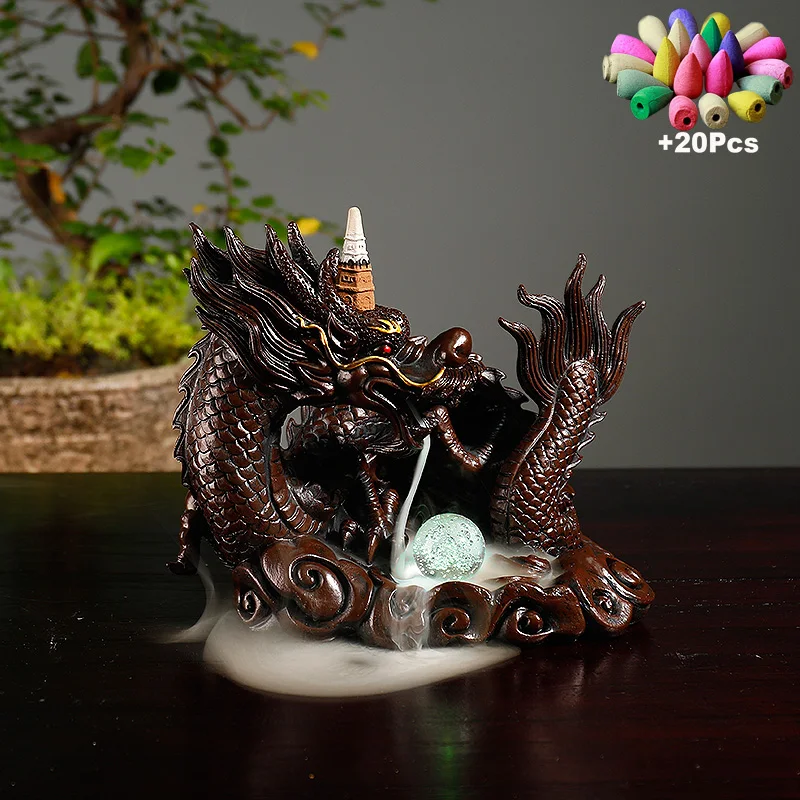 Handmade Craft Decorations Resin Imitation Wood Carving Chinese Dragon Buddha Incense With Led Light Home Lucky Feng Shui