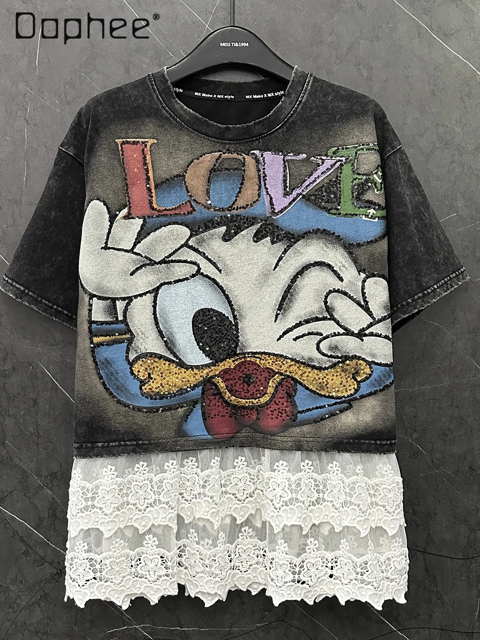 2025, frühjahr und Sommer Neue Design Spitze Spleißen Cartoon Ente Kurzarm T-shirt Kleid frauen Lose Beiläufige Top Kawaii t-shirt
