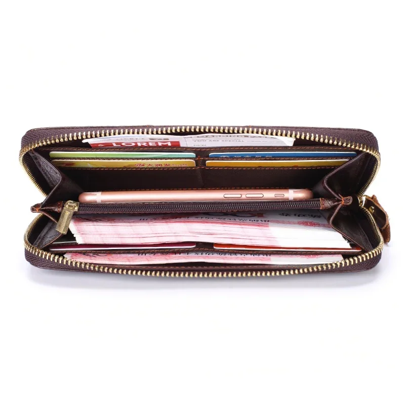 Men's Long Handbag Business Vintage Cow Leather Man Wallet  Brand Long Wallet For Man And Woman Oil Wax Zipper Bag Male Purse