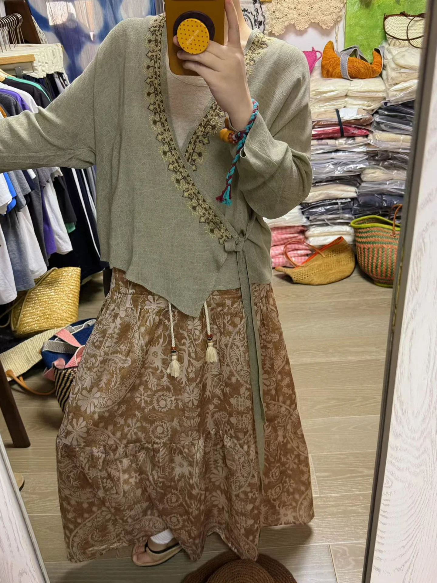 

Retro Style Oversized Shirt And Skirt Set with Embroidery Spring Summer plus Size Women's Clothing Bean Paste Color Ethnic Style