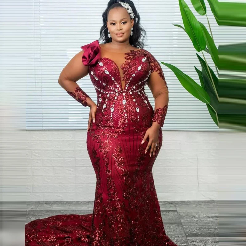 Burgundy Lace Evening DressesFor African Women Crystals Flowers Long Sleeves Black Girls Birthday Dress Plus Size Prom Vestidos