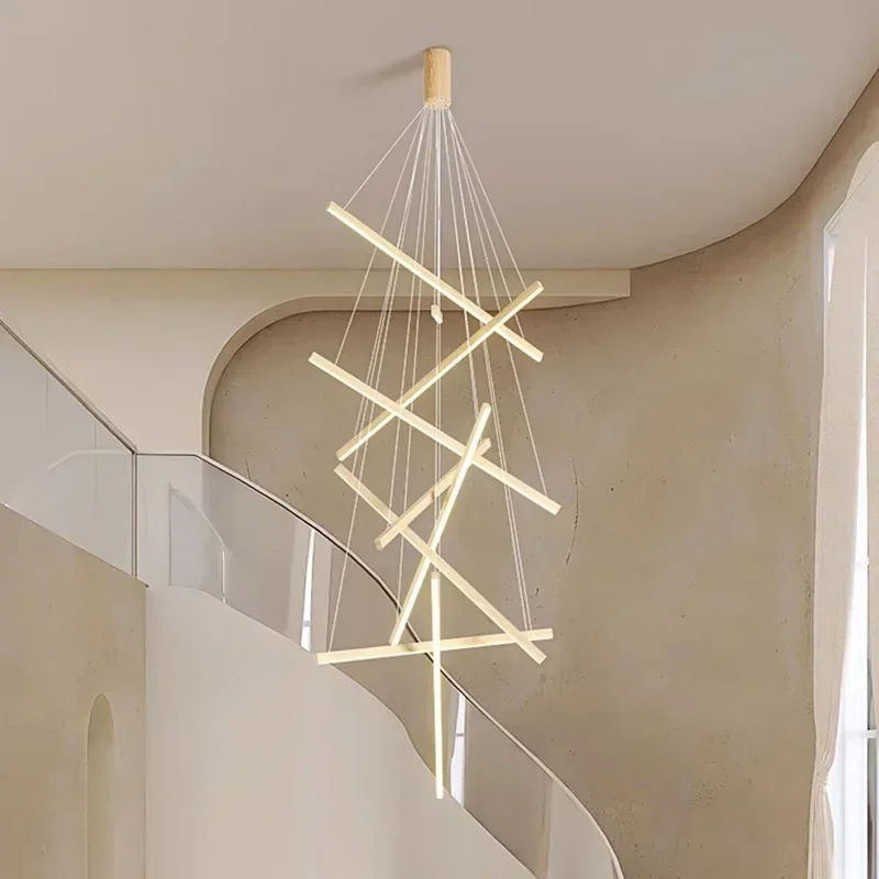 

Modern Wood Grain Pendant lamp LED Line Light Chandelier duplex building room decor highrise Living room long line Light