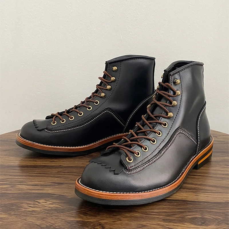 Handmade 2023 Vintage British Men Boots Japanese Cow Leather Ankle Boots Autumn Winter Tooling Work Motorcycle Boots Platform