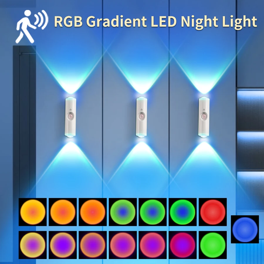 Motion Sensor LED Night Light Rechargeable Wall Lamp RGB Gradient Ambient Lighting Magnetic Sunset Lamp Bedroom Room Decoration