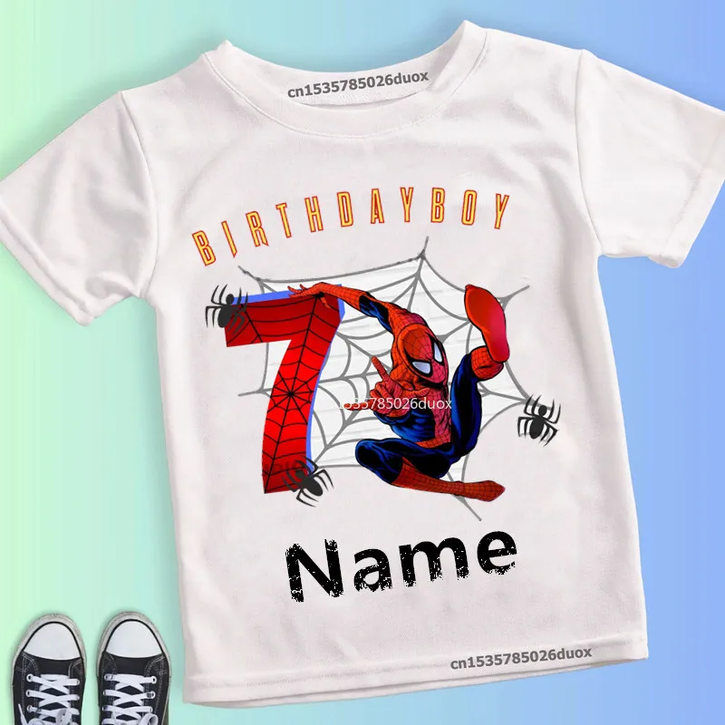 Camiseta de superhéroe para cumpleaños, camisa de verano de Marvel, Spiderman, chica, nombre personalizado, 2, 3, 4, 5, 6, 7, 8, 9