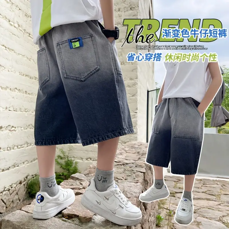 Shorts jeans casuais para meninos, macacão infantil, calça fina de verão, quinta calça