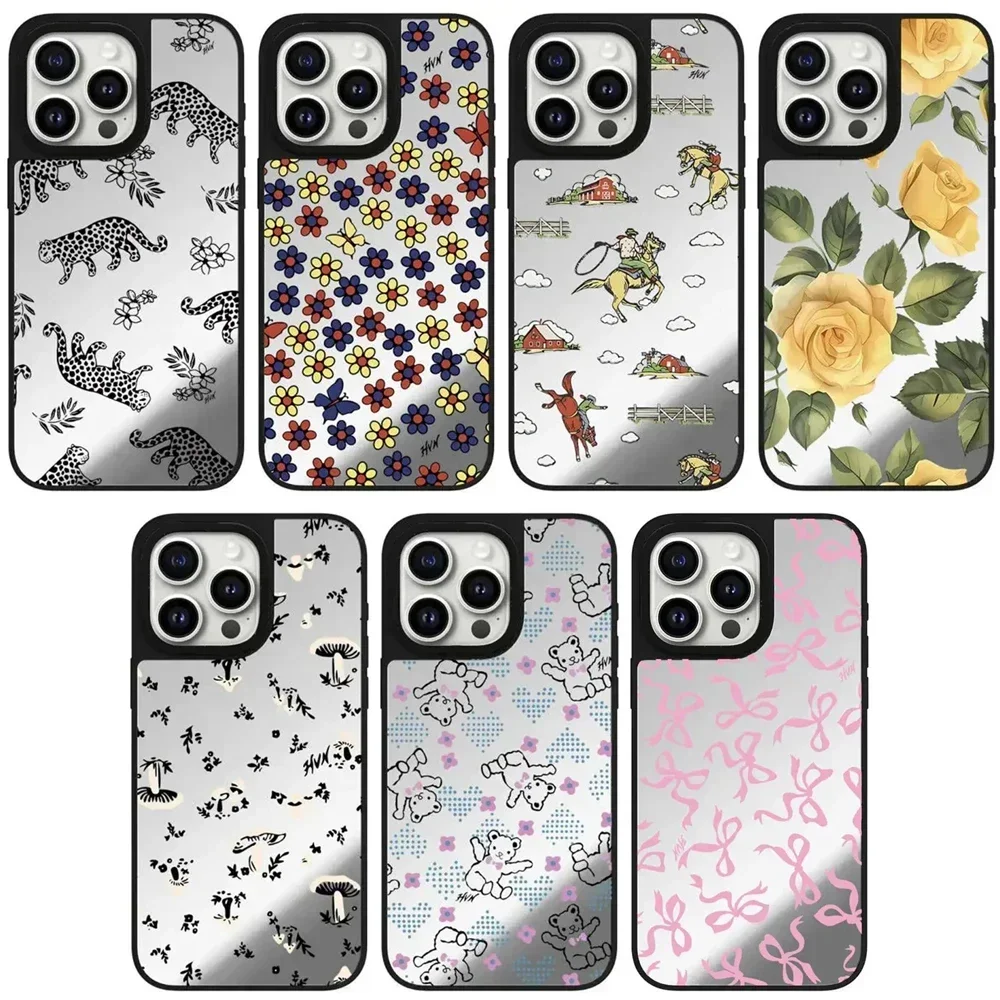 

Creative Full Screen Flowers Mirror Magnetic Phone Case Cover for IPhone 11 12 13 14 15 16 Pro Max Case for IPhone 16 Pro Max