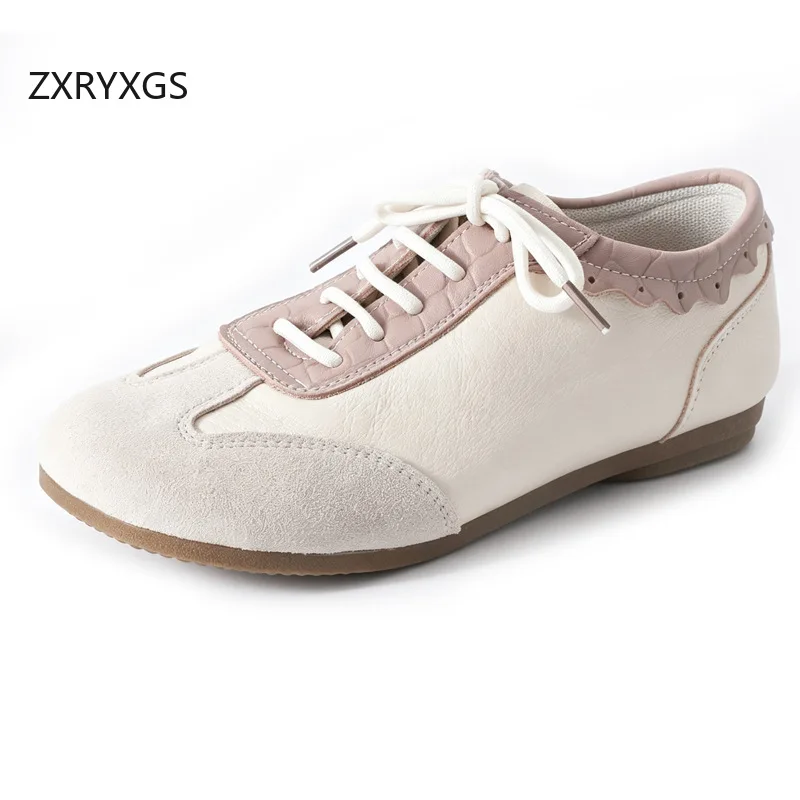 ZXRYXGS 2026 Autumn Lace-up Spell Colors Top Layer Cowhide Sneakers Flat Shoes Big Size Fashion Casual Shoes Women Sneaker Tide