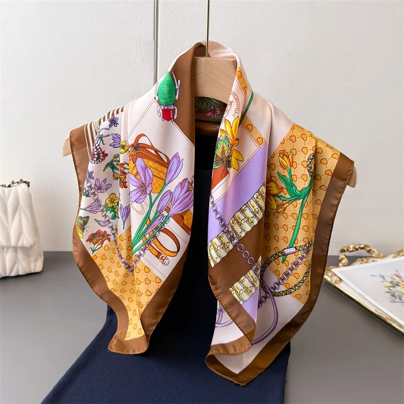 Luxury Letter G Print 70cm Square Scarves Women's Silk Scarf Bandana Small Neckties Hairbands Hijab Foulard Shawl