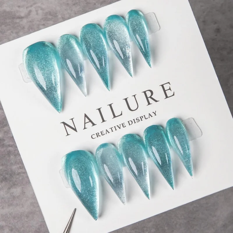 Extra Long Stiletto Aqua Blue Aurora Cat Eye Press On Nails Transparent Iridescent Glitter Glossy Ocean Minimalist Fairy Reusabl