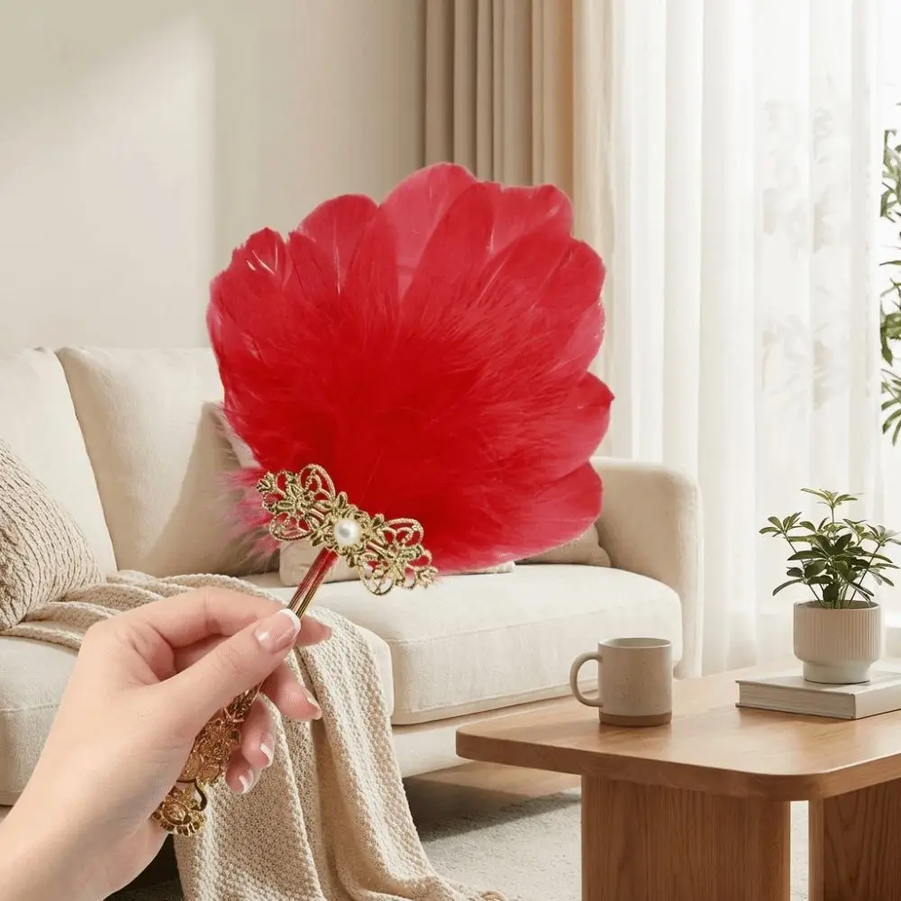 Gold Handle Feather Hand Fan Colorful Vintage Ornate Fluffy Feather Fan Chinese Style Fairy Fan Dance Fan Stage Performances
