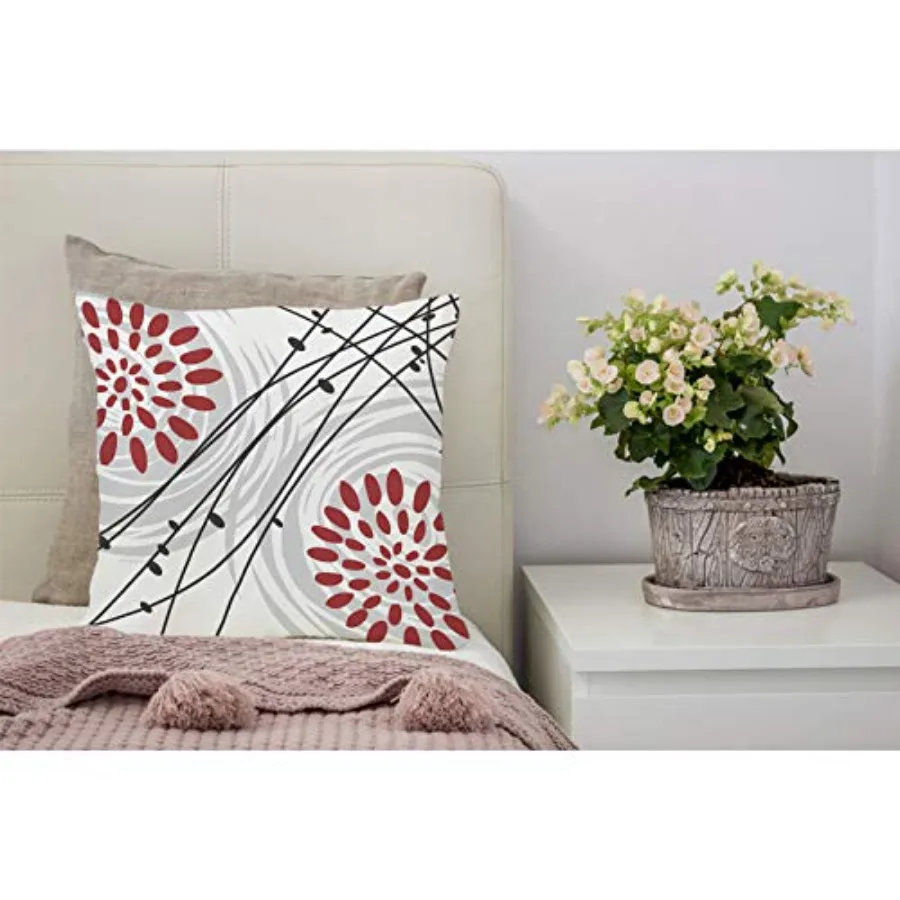 Throw Pillow Covers Black Bold Red Floral Design Gray Grey Home Cotton Linen Decorative Square Pillowcases Cushion Cover 18 X 1