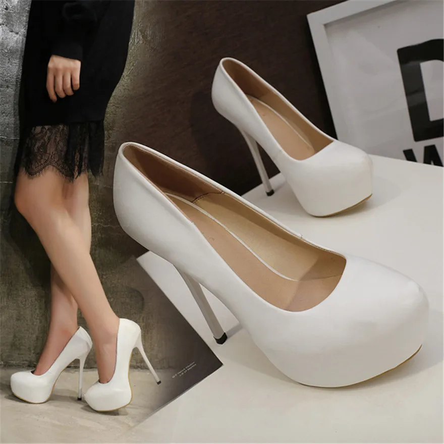 

Big Size 35-47 Soft Leather Sexy Platform Women Pumps 14CM Super High Heel Round Toe Shallow Lady Office Shoes Party Black White