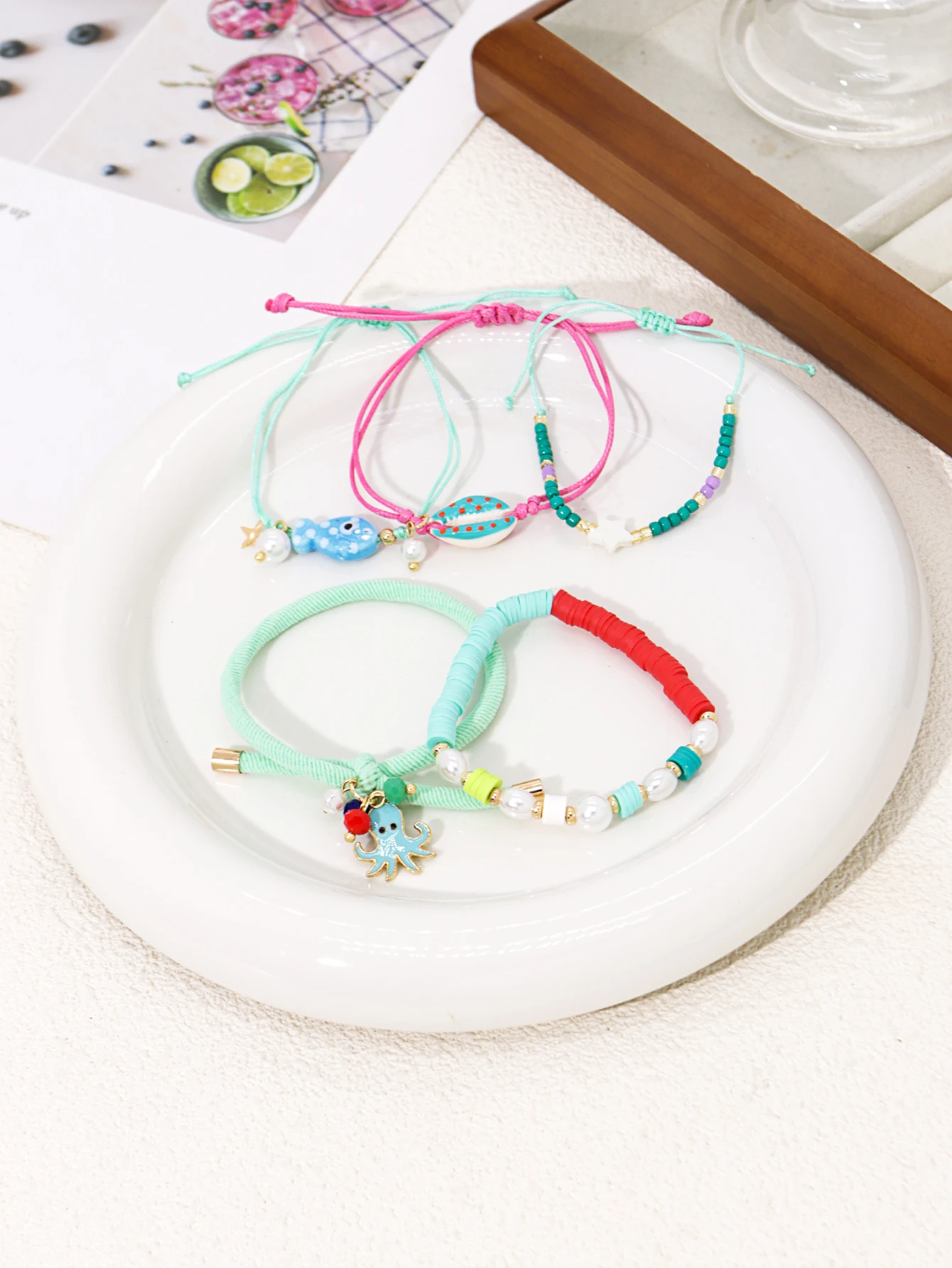 Cute Cartoon Fish Octopus Shell Pendant Hand Woven Beads Women's Bracelet Set Party Jewelry